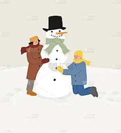 快乐的孩子们用胡萝卜和帽子堆雪人，寒假在户外玩耍，玩得很开心。矢量手绘插图。