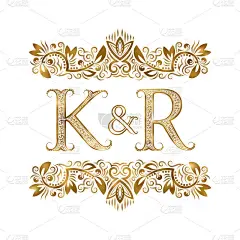 K和R复古的首字母符号。字母周围有装饰元素。皇室风格的婚礼或商业伙伴的字母组合。