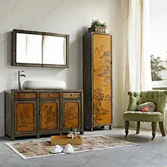 浴室柜组合洗漱台[摆设新中式]卫浴镜子置物柜手绘中式实木卫浴柜