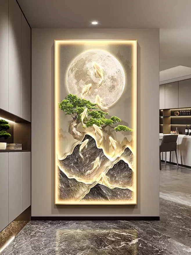 轻奢九鱼图玄关装饰画新中式入户正对墙挂画带灯发光山水招财壁画-tmall.com天猫-花瓣网