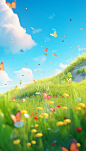 a 3d colorful summer scene with clouds and small butterflies scattered around, in the style of 8k 3d, poetic pastoral scenes