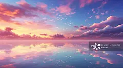 【AI数字艺术】蓝紫色虹彩缤纷到的天空云彩镜面湖唯美壁纸日出日落图片素材