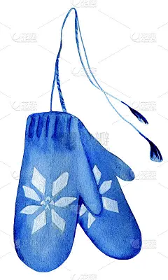 水彩手画蓝色针织连指手套