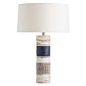 Mariella Lamp, 25.5"h x 17"dia, porcelain piece features crosshatch detailing with brown and blue accents, overall footprint 4.5"dia, 150 watts, 3-way rotary with switch at socket, $690: