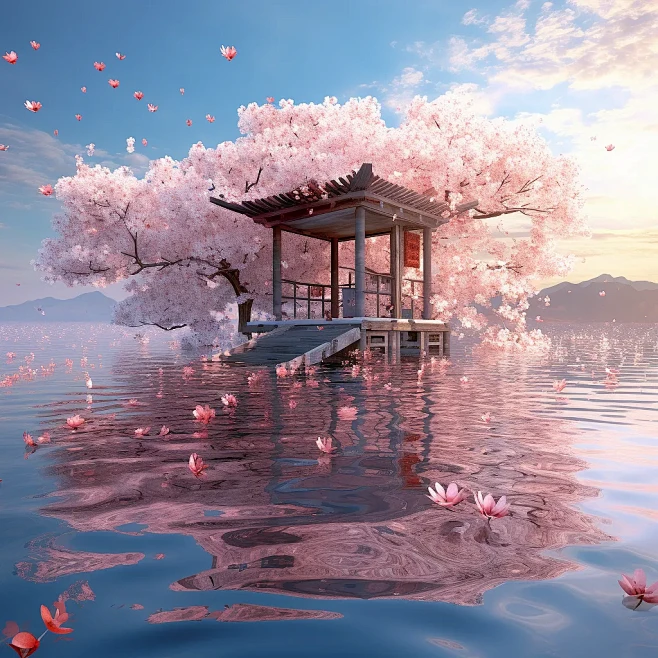 水面浮亭、樱花、湖水、天空海报