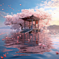 水面浮亭、樱花、湖水、天空海报