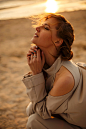 sunset girl Fastion water sea hair wind beach warm colors freedom