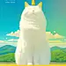 This may contain: a white cat sitting on top of a yellow field