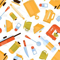 厨房用具无缝图案，设计元素可用于壁纸，包装，纺织品，网页矢量插图