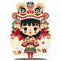 高角拍摄，一个传统的中国古代小女孩，头上穿着旗袍，头上戴着狮