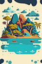 海洋中的热带岛屿山和棕榈树插画矢量图设计素材