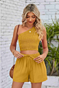 Smocked One-Shoulder Top and Shorts Set