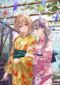Anime 900x1280 anime anime girls kimono portrait display flower in hair blushing moles mole under eye smiling watermarked leaves