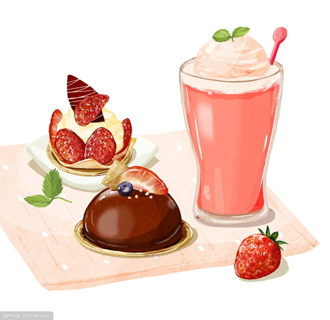 美食蛋糕草莓甜品饮料勺子碗碟可口设计海报