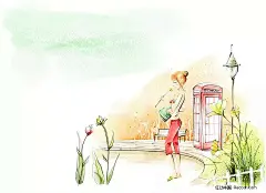 手绘卡通美女图片PSD分层素材|PS绘画|背景|电话亭|风景图片|花朵|卡通插画|卡通美女|卡通人物|路灯|手绘