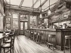 暖色调咖啡店AI数字艺术铅笔画