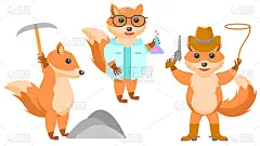 集抽象收集平面卡通不同动物狐狸牛仔左轮手枪套索靴子和帽子，烧瓶科学家，镐敲石头矢量设计风格元素动物野