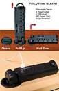 The Retractable Pull-Up Power Tap Grommet provides 4 125V AC outlets with a total of 12A intensity, and also 2 5V USB Ports to charge portable devices.: