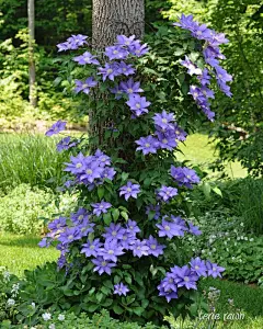 铁线莲 Clematis growing on a wire frame around the tree: