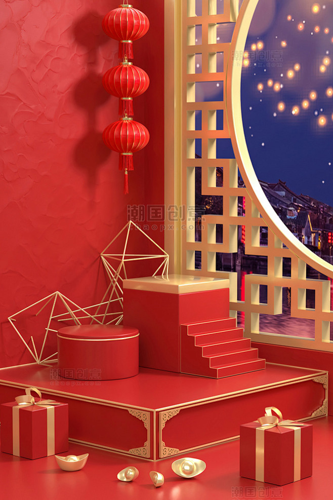 红色C4D新春春节新年中国风国潮展台大红