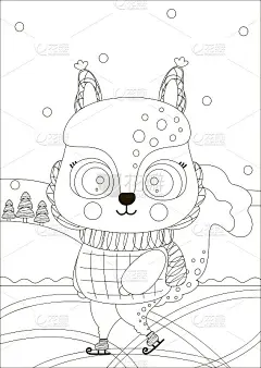 一只可爱的黑白相间的小松鼠在森林里滑冰。矩形卡通圣诞彩色页。大纲插图为孩子。A4。向量。