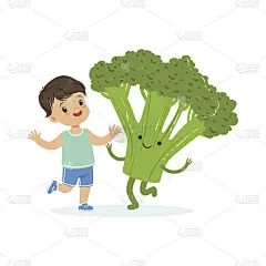 快乐的男孩用新鲜的微笑花椰菜，为孩子们提供健康的食物，色彩鲜艳的人物矢量插画