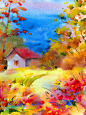 水彩彩色明亮的纹理抽象背景手工制作。地中海风景。描绘秋天乡村的建筑和植被