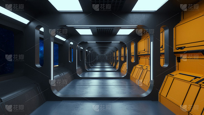 3 d渲染。未来宇宙飞船科幻走廊建筑