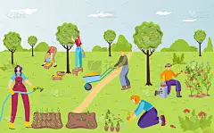 人字一起户外园艺，女性浇灌养护花卉，男性植物灌木卡通矢量插画，环境场所。