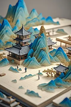 微观世界，立体山水，移轴摄影，俯瞰角度，极简主义，立体水墨，千里江山图，极小的建筑，极小的人，宣纸，景深，意境水墨，顶部照明，干净的画面，超精细绘画