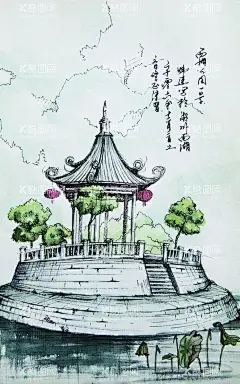 风景图  - 源文件下载【酷图网】手绘,风景图,潮汕风景,艺术,美术,风景画,桥,湖