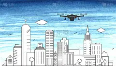 城市景观轮廓矢量绘图插图与无人机和城市天际线全景。