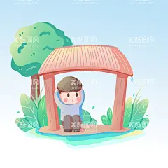  屋檐躲雨人   - 源文件下载【酷图网】二十四节气,雨水,屋檐躲雨,人物,插画,