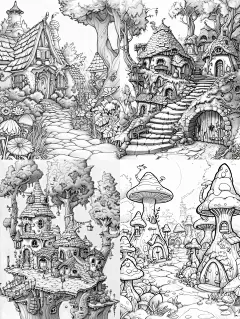 手绘迪士尼风格童话故事村庄建筑黑白线稿插图绘画海报midjourney关键词咒语