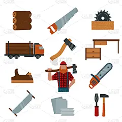 伐木工人的卡通人物与伐木工具图标矢量图