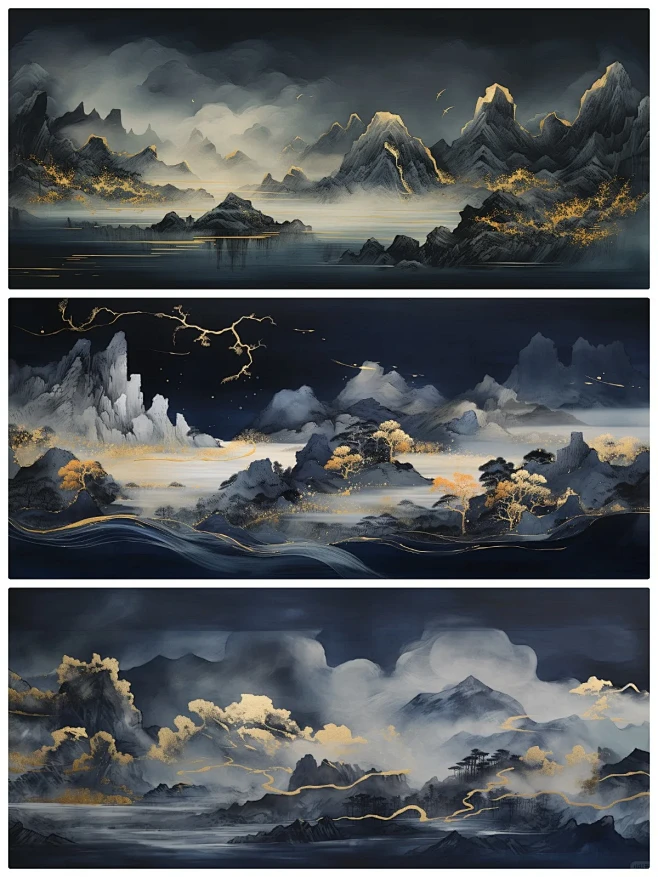 国风山水-鎏金墨蓝|东方美学山水风景插画-花瓣网