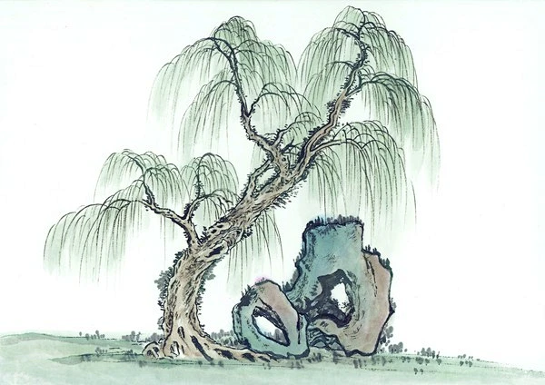 垂柳 柳树 假山 古树奇石-中国国画-中国国画,古树奇石-花瓣网