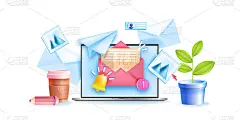 订阅新闻通讯矢量3D概念，注册邮寄列表插图，笔记本电脑，打开的信封。