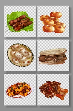 羊肉串大盘鸡羊蹄新疆特色美食插画元素