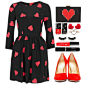 A fashion look from April 2014 featuring red shoes, black purse and heart jewelry. Browse and shop related looks.