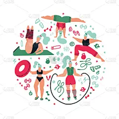 圆形构成妇女做运动。瑜伽姿势，健康运动，健身，游泳。可爱的女孩矢量平面插图。在白色背景的健身房锻炼。