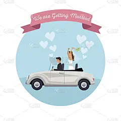 车上新婚夫妇新郎的白色背景彩色圆框海报