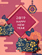 2019春节新年纸艺剪纸风格新年快乐铜钱年画EPS矢量海报设计素材