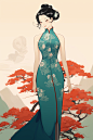 旗袍美女水墨优雅插画