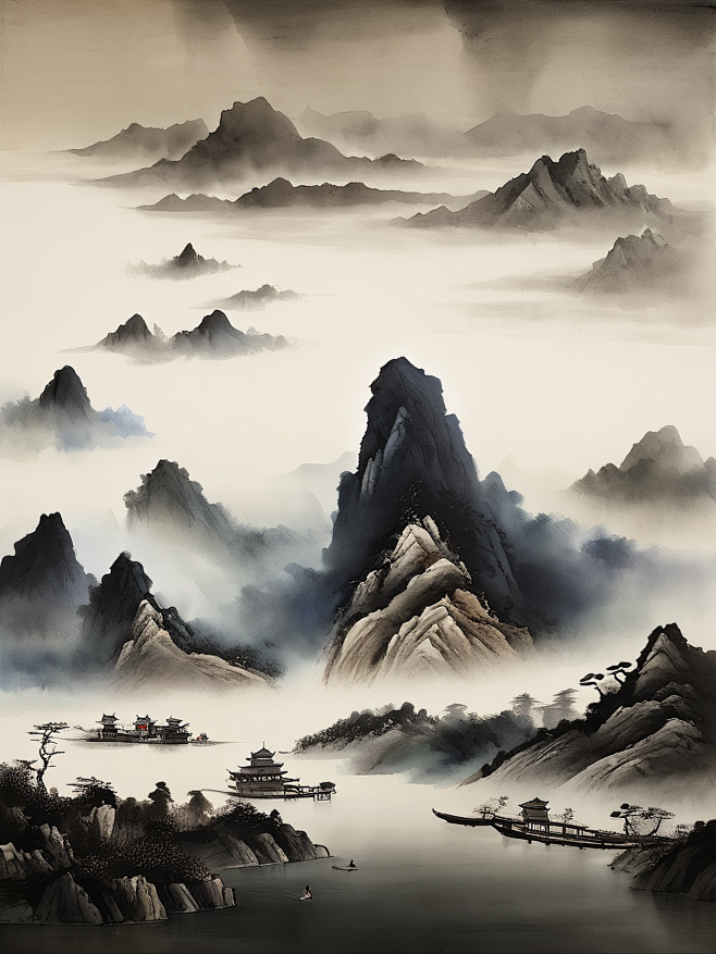 立体水墨，山脉，河流，东方美学，中式美学，高角度拍摄，陈家泠，浪漫古风，微缩景观和移轴摄影