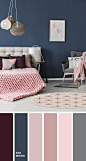 美丽的卧室配色方案：紫色+粉色+藏青色