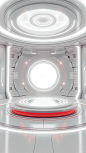A simple sci-fi style design, high-end futuristic sense. In the middle, there is a circular display stage with technological elements, decorated with white light effects. Geometrical shapes made of glass materials similar to laboratory equipment. Lab styl