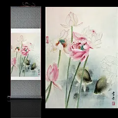比目鱼卷轴字画风水条幅丝绸厨房卫生间字画客厅装饰挂画字画客厅-淘宝网