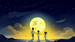 治愈梦幻唯美中秋插画满月小孩手拉手赏月壁纸月亮夜晚插画