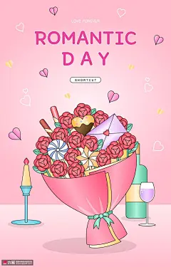 蜡烛红酒酒杯玫瑰花束糖果巧克力棒爱心情书情人节插画 节日节气 情人节